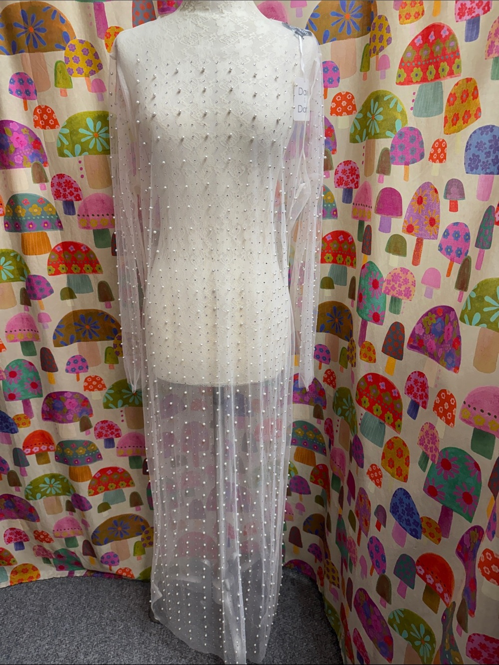 Davi & Dani Sheer Embellished White Tulle Overlay Dress. 1XL